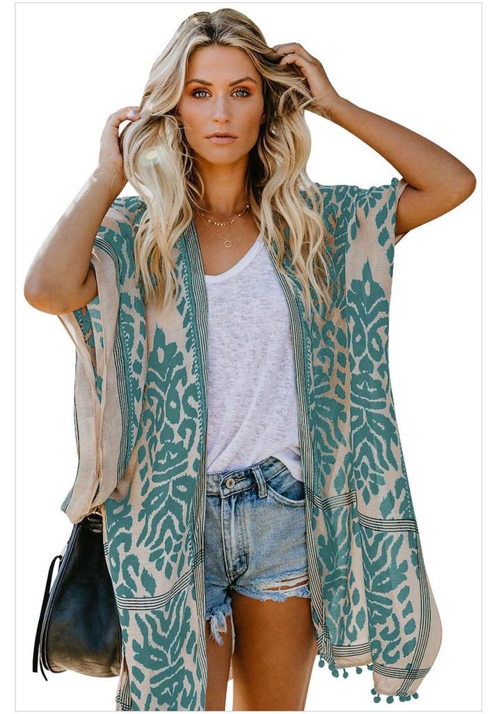 Bali Beach Resort Pom-pom Kimono Cardigan for Women - Printed Short Sleeve Cover-up
