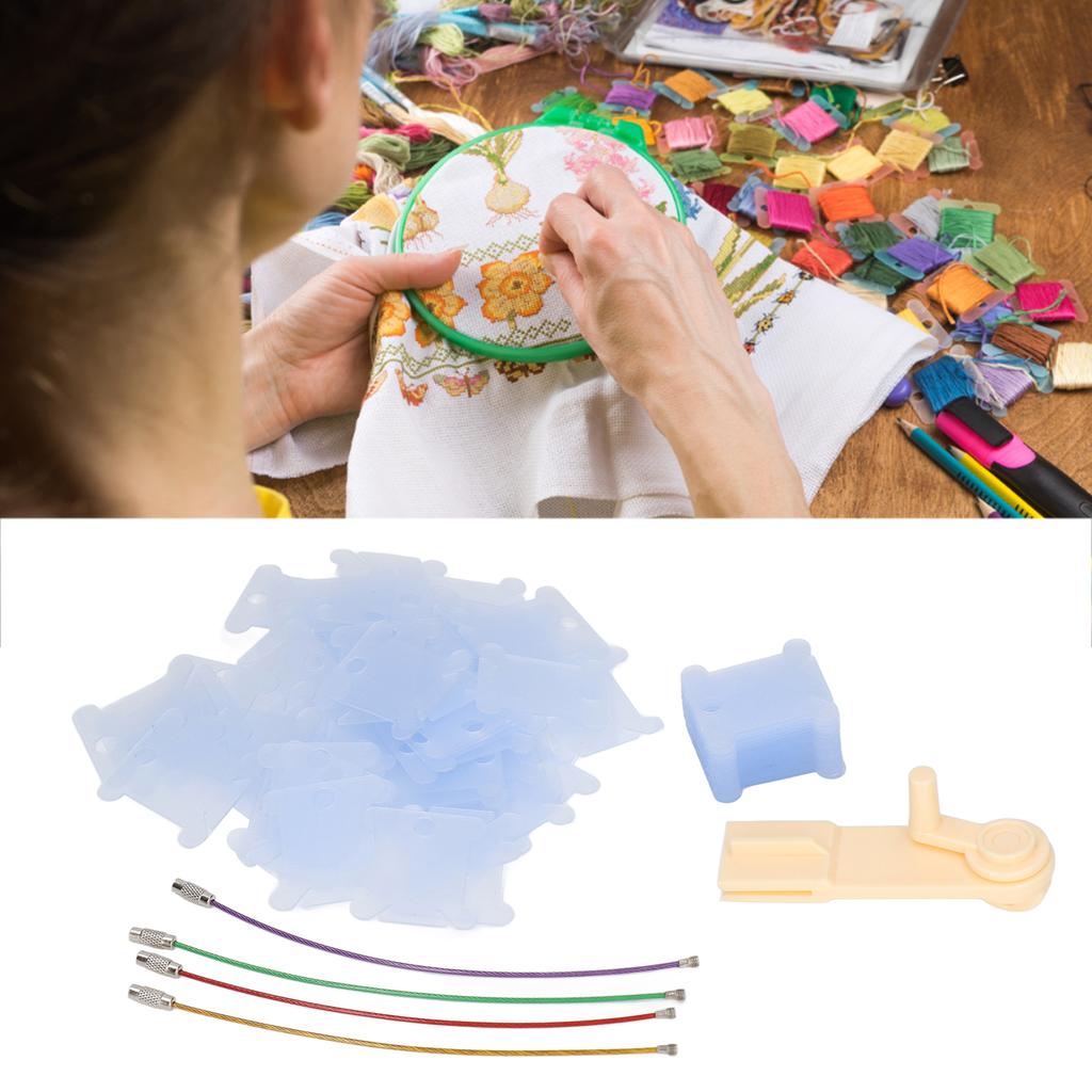 100pcs Plastic Floss Bobbins with Manual Bobbin Winder Crafts Easy Storage Embroidery Bobbins for Needlework Sewing