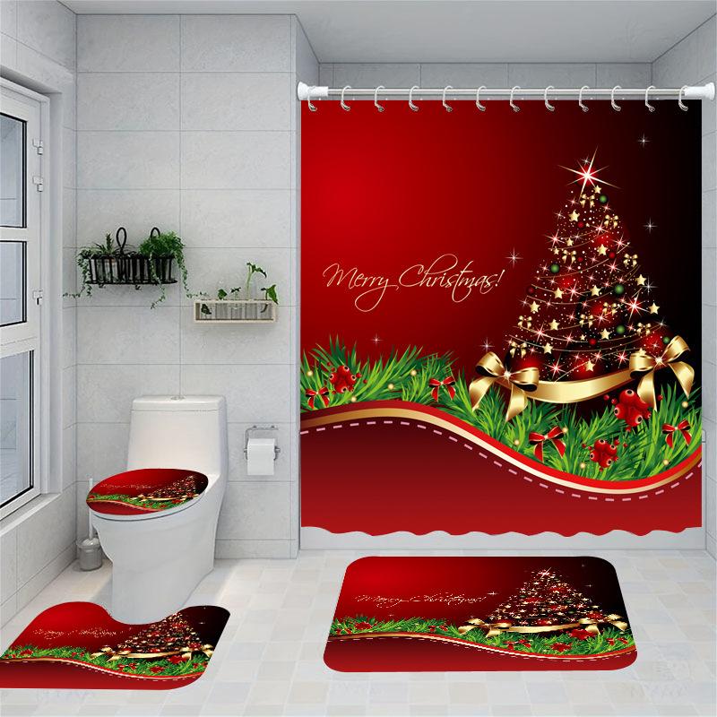 Christmas Series Shower Curtain Digital Printing Bathroom Shower Curtain Four-Piece Polyester Shower Curtain