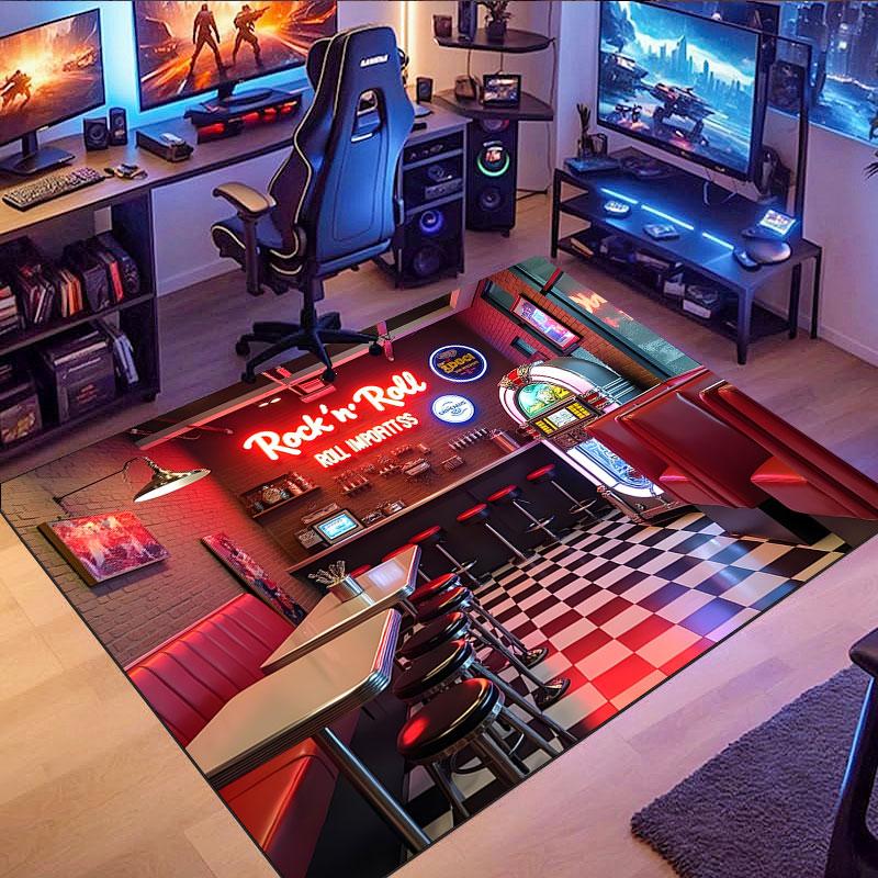 Retro Car & Rock Bar Themed Rug, Non-slip Rug, Suitable for Living Room, Bedroom, Game Room, Computer Room and Home Décor.