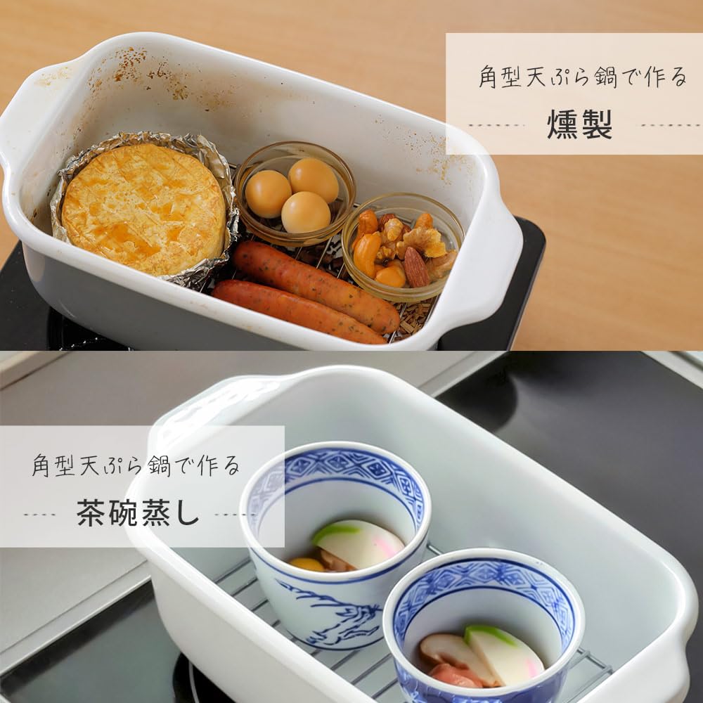 Fuji Enamel Square Tempura Pot, IH Compatible, Simple Set with Frying Net and Tray, C-20TPN.LG, Light Gray, 20cm, No Thermometer