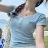 Korean Version of Spice Girl Pure Desire Bow Embroidery V-Neck Bottom Short Sleeve T-Shirt Women's Slim Summer Short Sleeve Top Bottom Shirt