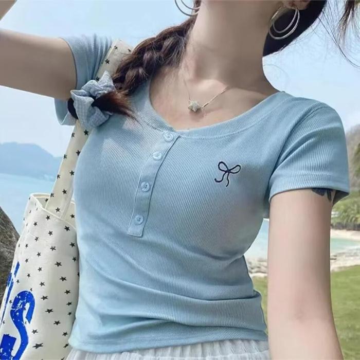 Korean Version of Spice Girl Pure Desire Bow Embroidery V-Neck Bottom Short Sleeve T-Shirt Women's Slim Summer Short Sleeve Top Bottom Shirt