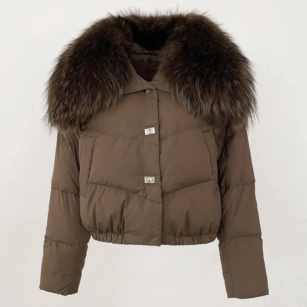 OFTBUY Geacă de Iarnă Femei Guler Mare din Blană Naturală de Raton Real, Gros, Cald, Puf de Rață, Scurt, Îmbrăcăminte Exterioară, Streetwear, Larg, Casual