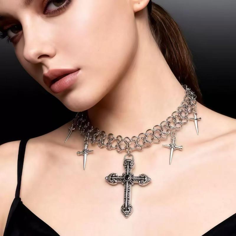 Cross Splicing Necklaces Hip-Hop Gothic Punk Style Wide Chain Collar Choker For Women Tassel Pendant Necklace