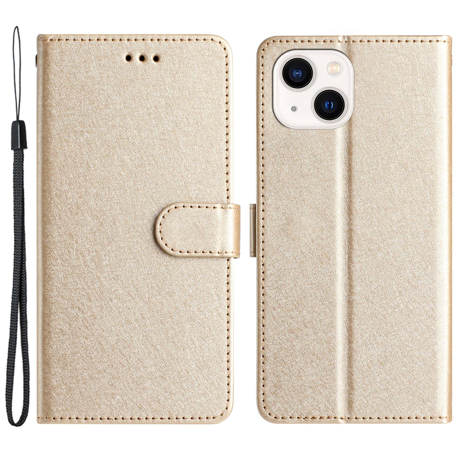

For iPhone 15 Plus PU Leather+TPU Wallet Stand Phone Cover Silk Texture Case with Strap Gold