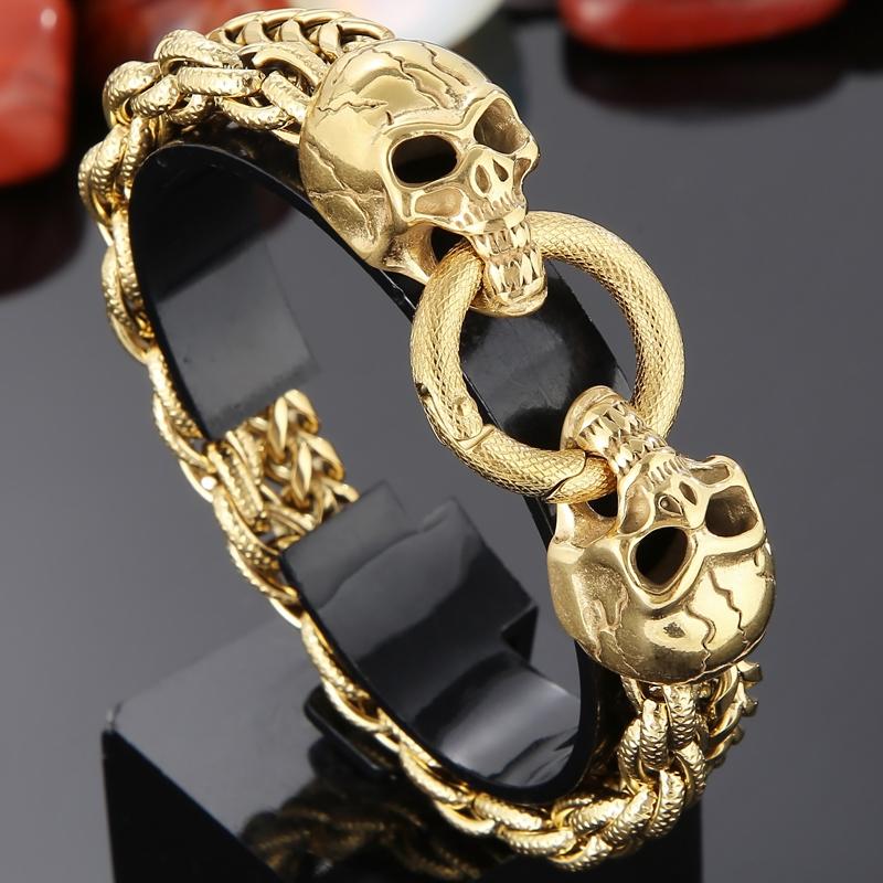 Cooles Skelett-Totenkopf-Armband für Männer aus poliertem Edelstahl, 13 mm breite Doppelgliederkette, Herrenarmbänder, Punk-Gothic-Schmuck