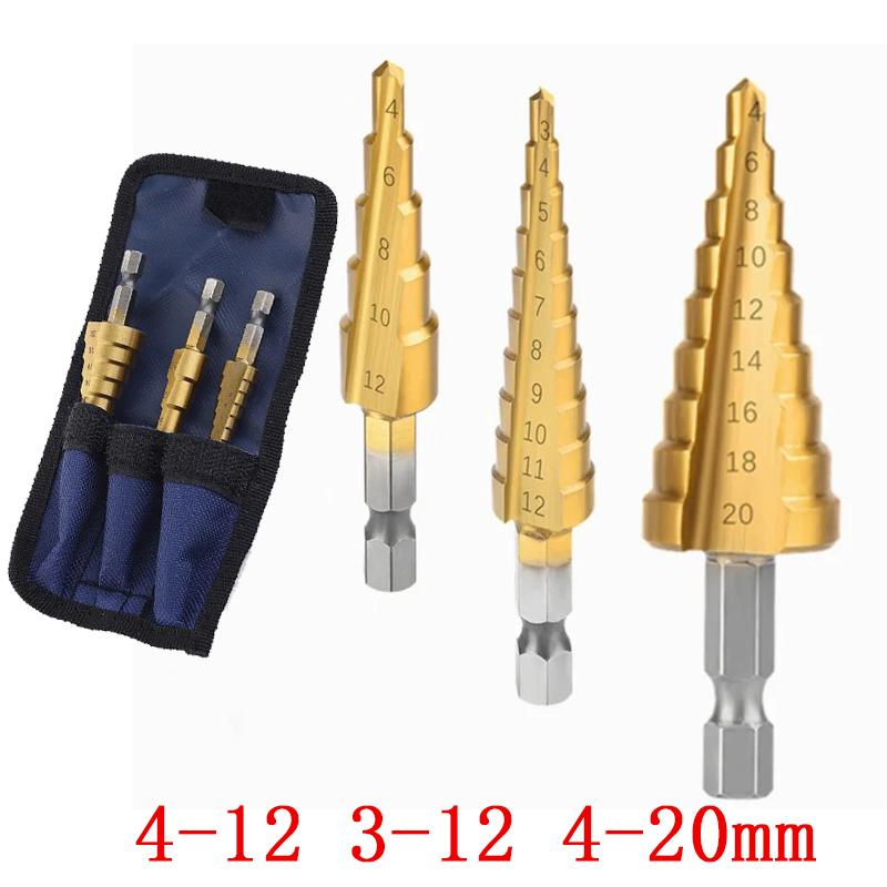 3Pcs 3-12mm/4-12mm/4-20mm Hss Step Drill Bit, Straight Groove DrillTitanium Coated Metal Driller, Drilling Tools Set