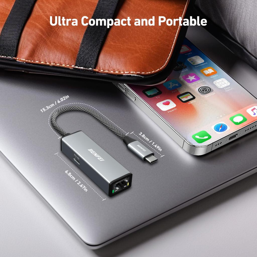 BENFEI Gigabit Ethernet Adapter Supports 100W fast charging Thunderbolt compatible Equipped with RJ45 LAN port Compatible with iPhone 15 MacBook iPad