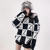 Autumn Winter Women's Checkerboard Oversized Sweater Loose Outer Wear Lazy Style Thickened Casual Knit Top