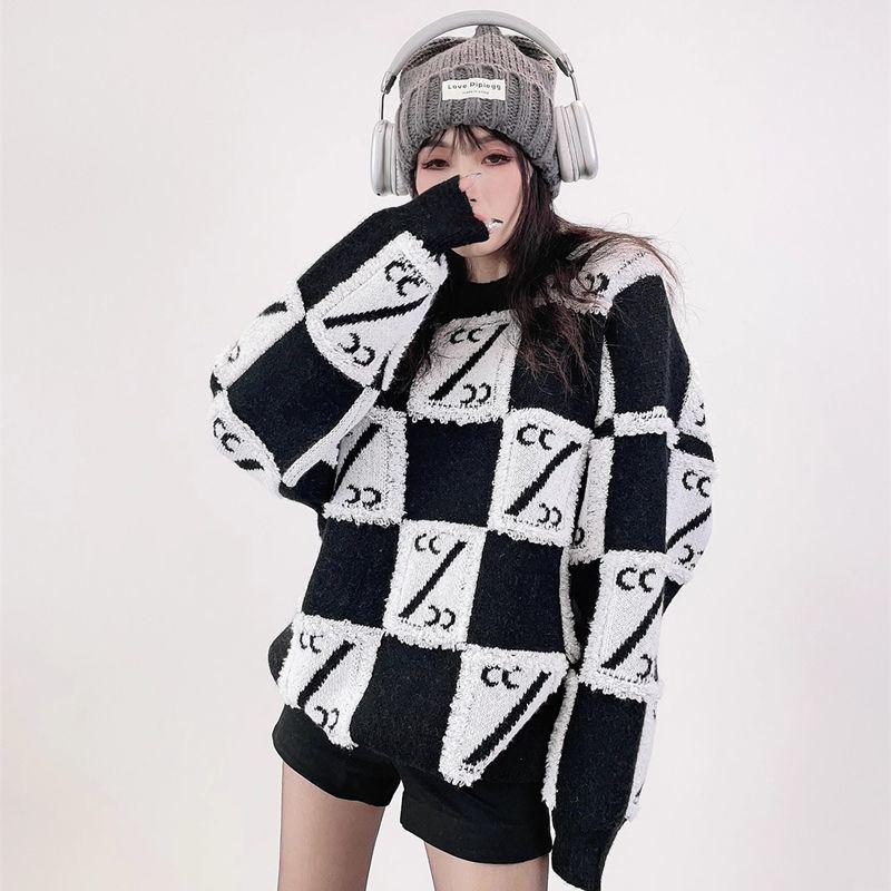 Autumn Winter Women's Checkerboard Oversized Sweater Loose Outer Wear Lazy Style Thickened Casual Knit Top