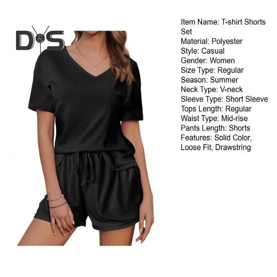 2 ks/sada dámského letního oblečení, trička s krátkým rukávem a výstřihem do V, elastické kraťasy se stahovací šňůrkou v pase, jednobarevné, volné, ležérní