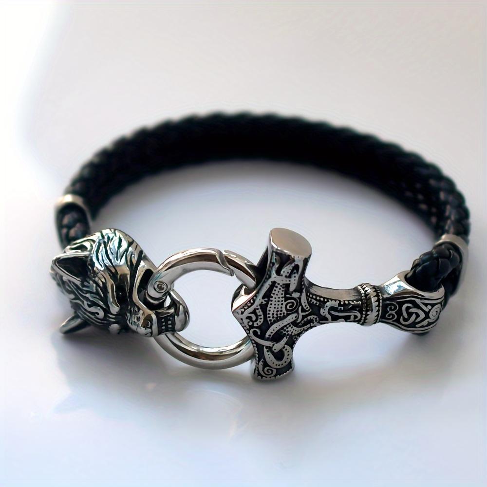 Fashion Men's Viking Wolf Head Hammer Bracelet - Nordic Pirate Style Jewelry Gift