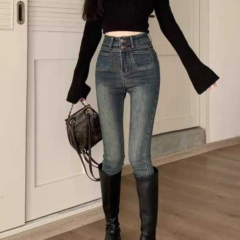 Women s High Waist Slim Fit Retro Blue Jeans - Fluffy Design, Cropped, Autumn/Winter Dark blue Regular no fleece