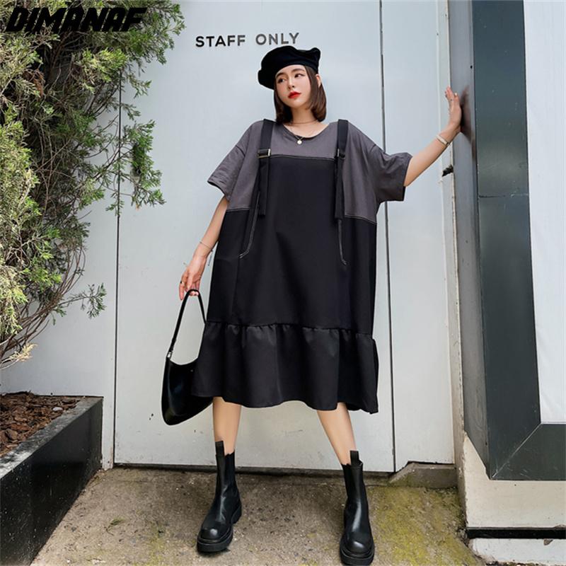 

DIMANAF 2022, летнее новое модное женское платье, элегантное сшитое черное хлопковое свободное женское платье больших размеров