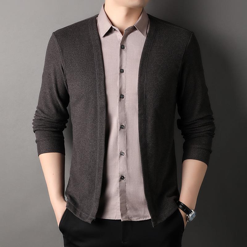 

Autumn Men s Fake Two-piece Shirt Sweater Cardigan Casual Business Sweater Sweater Jacket XXXXL коричневий