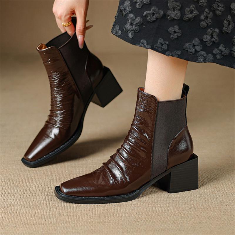 Fashion New Autumn/winter Genuine Leather Women Boot Square Toe Shoes for Women Fashion Boots High Heels Short Boots Black Handmade