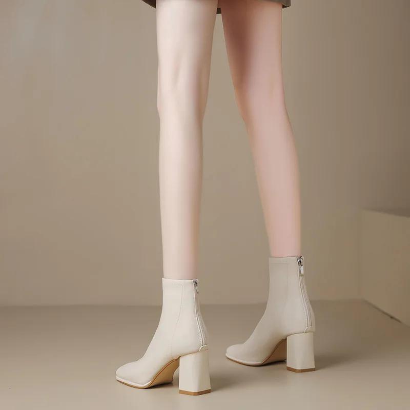 Fashion 2025 Autumn Winter Women Soft Leather Plus Velvet Heel Ankle Boots Fashion Square Toe Zipper Ladies Short Boots Botas De Mujer