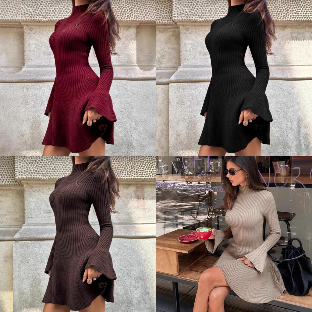 Street Style Pletené Šaty s Dlouhým Rukávem, Jednobarevné, Vysoký Výstřih pro Městské Ženy