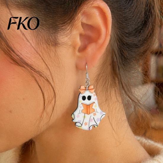 Hypoallergenic Alloy Hooks Cute Reading Ghost Earrings, Sweet Bowknot Drop Polished Acrylic Charms Lightweight Halloween Jewelry for Women Girls