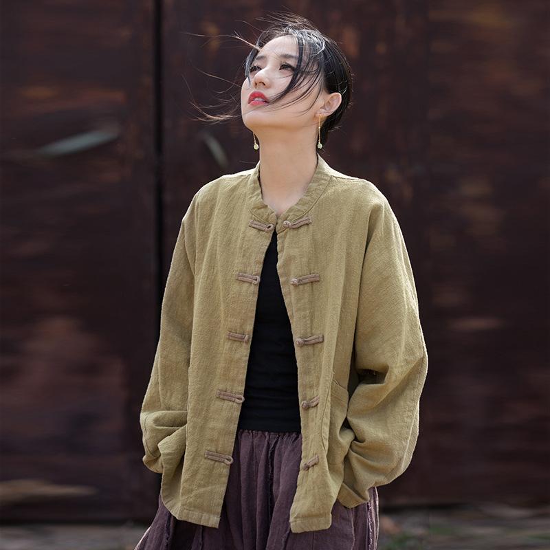 

Johnature Женские винтажные рубашки, топы с карманами и длинными рукавами, хлопковые весенние блузки на пуговицах в китайском стиле One Size дубильная кора