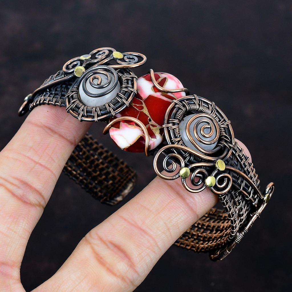 Kingman red mohave copper turquoise cuff bracelet copper wire wrapped adjustable bangle rainbow moonstone bangle gemstone jewelry for gifts