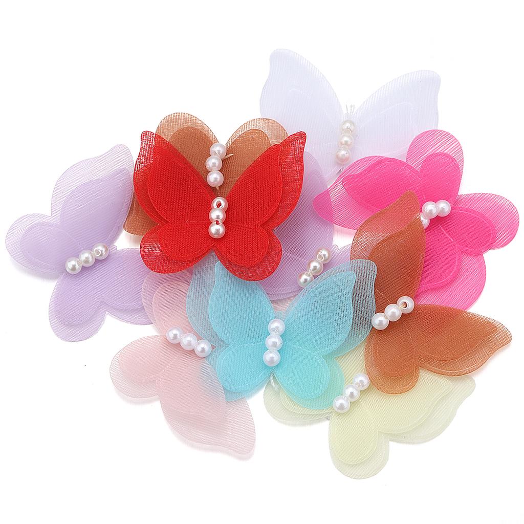 10pcs/lot Organza Fabric Butterfly Appliques Colorful Double-layer Meteor Gauze Pearl Butterfly For DIY Wedding Party Home Decor