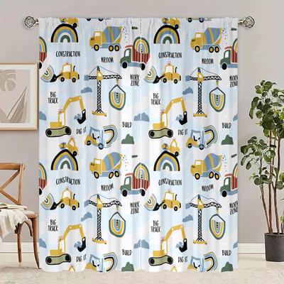 2 Pieces - Excavator Cartoon Printing Curtain - Polyester Material - Suitable for Bedroom Living Room Study Room Privacy Curtain