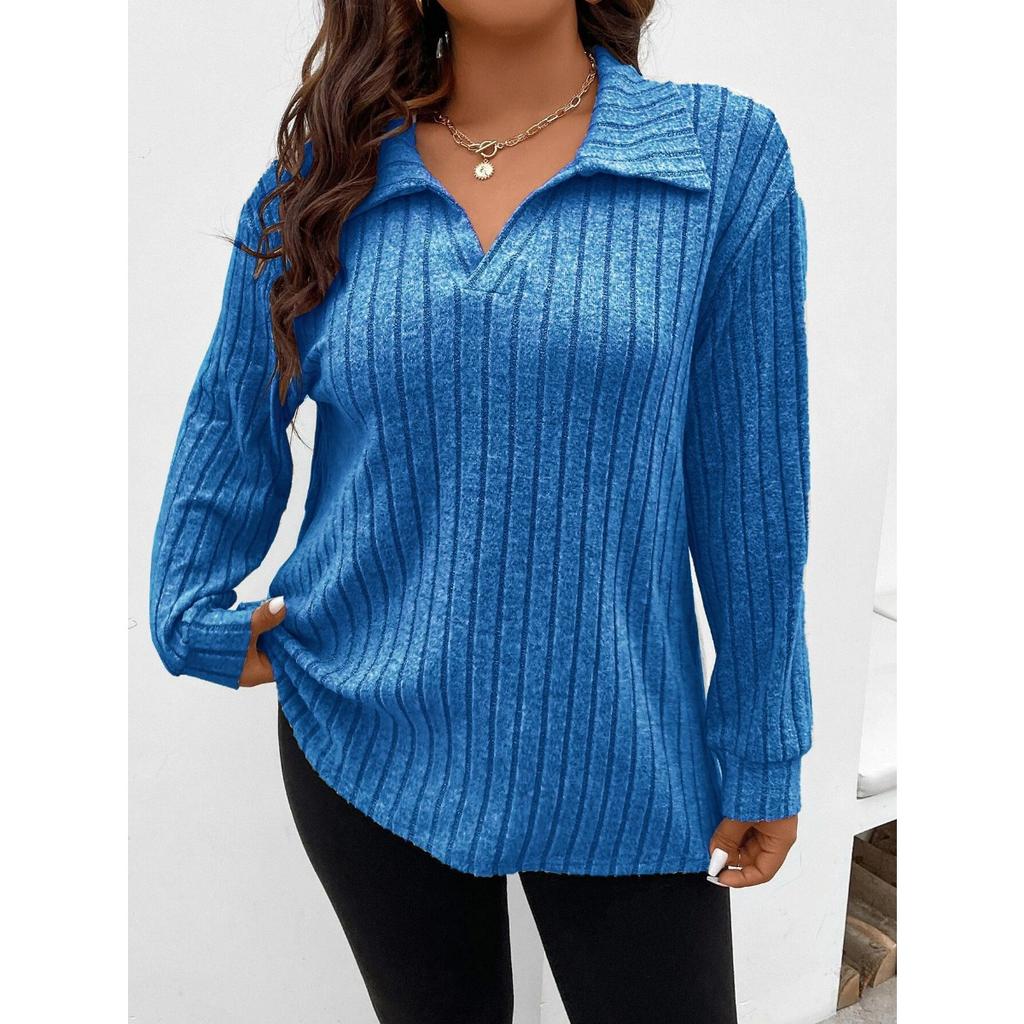 Autumn Winter New Solid Color Plus Size Women's Top V Lapel Long Sleeve Ribbed Brushed T-shirt Loose Casual