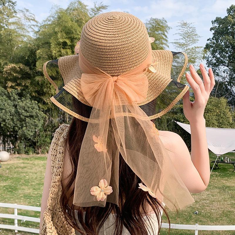 Summer Bow Sun Hat Female, Seaside Beach Vacation Sun Hat Outdoor Big Brim Sun Hat Sweet Straw Hat