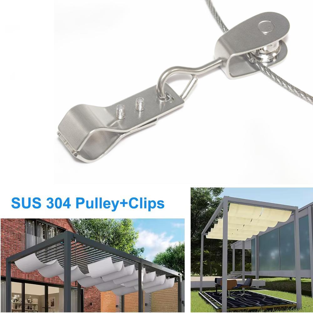 Waterproof Hang Slide Pulley+Pipe Clips Outdoor Pergolas Retractable Wave Canopy Sunshade Net Pull/Expand Fittings 15-25mm Pipe 2PCS