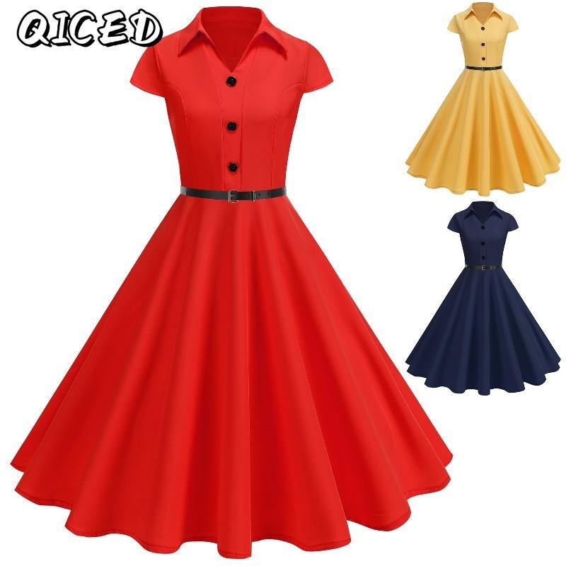 QICED Fashion Summer Spring Solid Color Print Short Sleeve V-Neck Casual Dresses