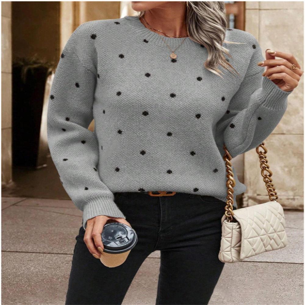 Women's Autumn & Winter Polka Dot Jacquard Crew Neck Pullover, Elegant Loose Knit Sweater S-XL