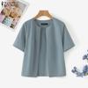 ZANZEA Blusa casual de manga corta de color sólido con cuello redondo para mujer