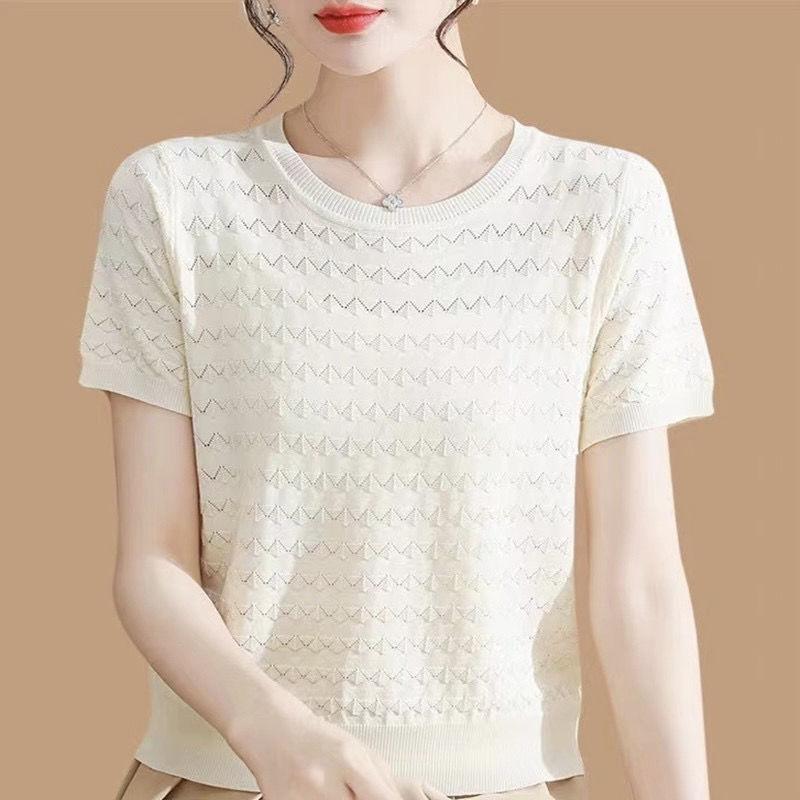 Summer Women New Shoulder Ice Silk Short-sleeved T-shirt Loose and Versatile Foreign Style Thin Bottoming Top Ins Trend