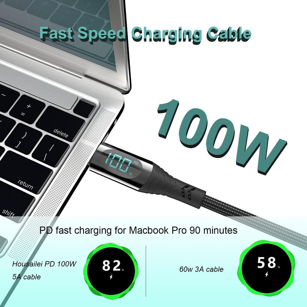 100W PD27W Dual Type-C Fast Charge Cable with Intelligent Digital Display and Metal Braiding.