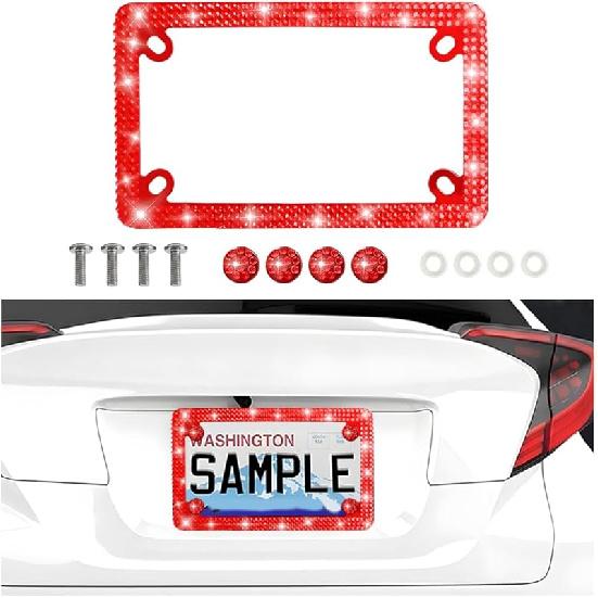 Bling Motorcycle License Plate Frame, Stainless Steel Crystal Rhinestone License Plate Holder with Screws Nuts Caps, Motorbike Tag Holder Ornament, красный