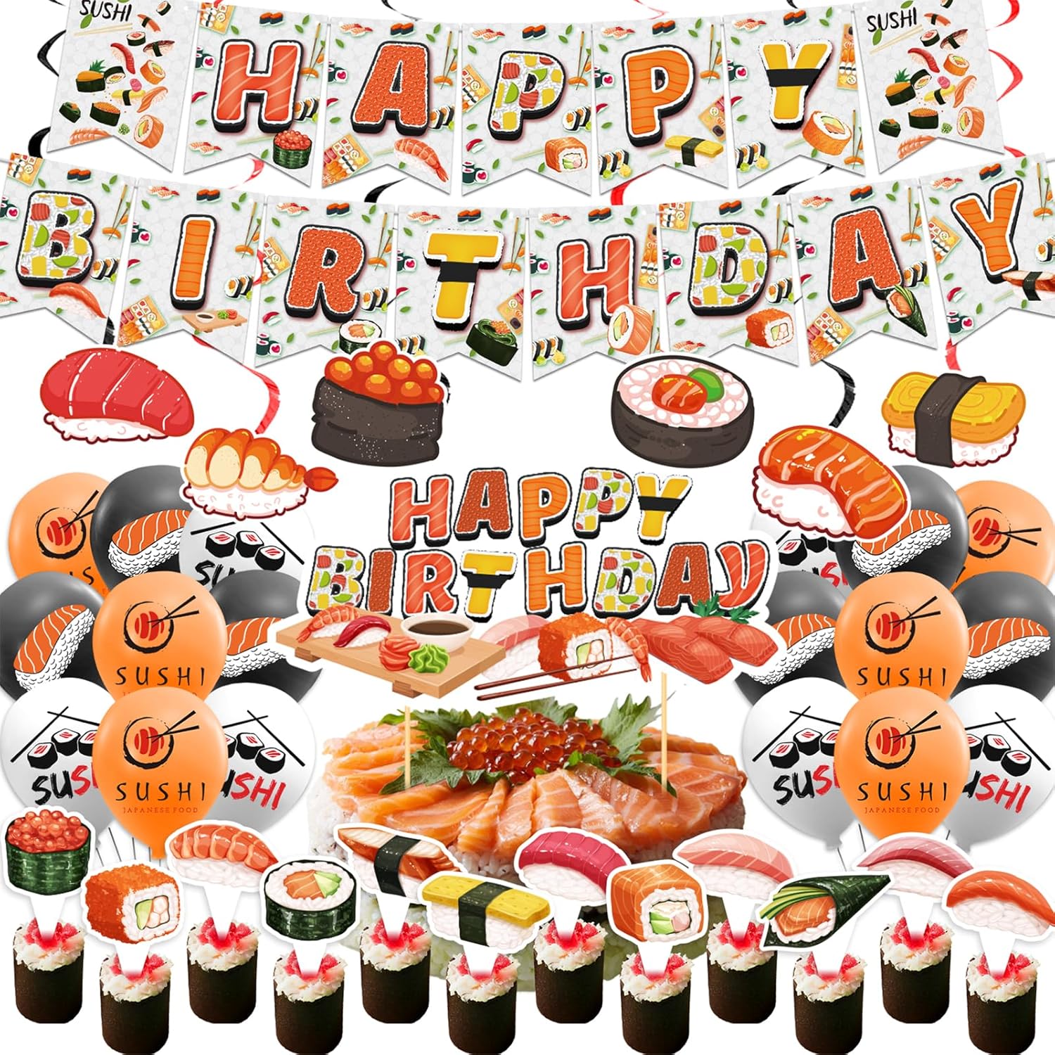Sushi Party Decorations Japanese Birthday Party Decorations Includes Sushi Happy Birthday Banner Cake Topper Cupcake Toppers Balloons for Sushi