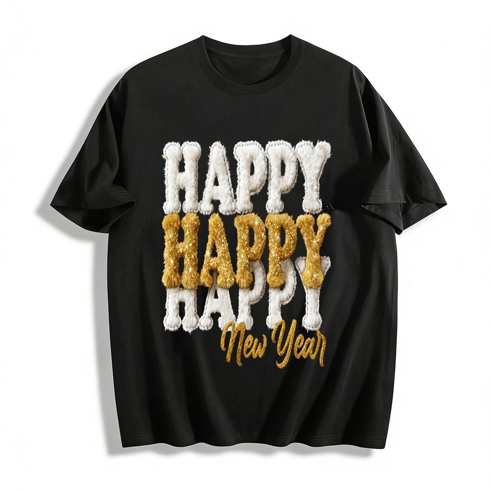 

Happy Happy Happy New Year Fuzzy Glitter Print Casual Sweatshirt Pure cotton T-shirt XXS