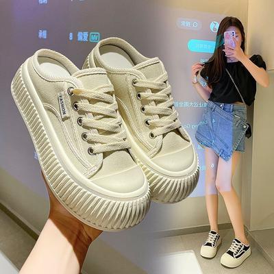 Chinelos fechados de bico fino para mulheres, uso externo, sola grossa, lona de biscoito, meio suporte, novos sapatos brancos preguiçosos para primavera e verão