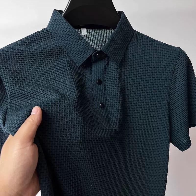 Men's Spring and Summer Plus Size Lapel Peplum Short Sleeve Solid Colour Simple Mesh Ice Silk Shirt
