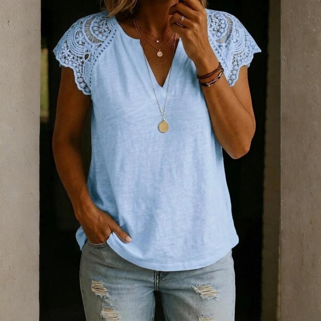 Women's Loose-Fit, Stylish, And Casual Short-Sleeve Top With Lace-Paneled V-Neck