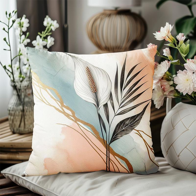 1 Pieces Floral Patterned Cushion With Gold Lines Decor Polyester Pillowcase, Sofa Decorative Cushion Cov Headboard Pillow