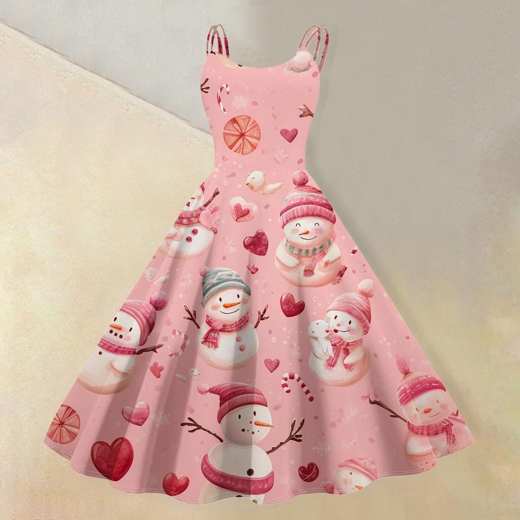 (Fröhliche Weihnachten) Damen Casual Mode Weihnachten Schneeflocke/Weihnachtsbaum/Schneemann Print Rundhals Retro Kleid