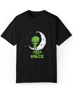 Unisex's "I Need More Space" Alien Graphic Cotton T-Shirt - Black Casual Round Neck Tee with Green Moon & Stars Design