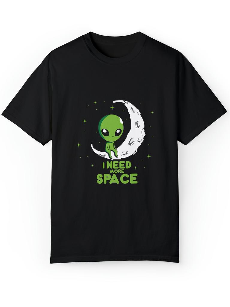 Unisex "Ich brauche mehr Platz" Alien Grafik Baumwoll-T-Shirt - Schwarzes Lässiges Rundhals-T-Shirt mit Grüner Mond- und Sternen-Design