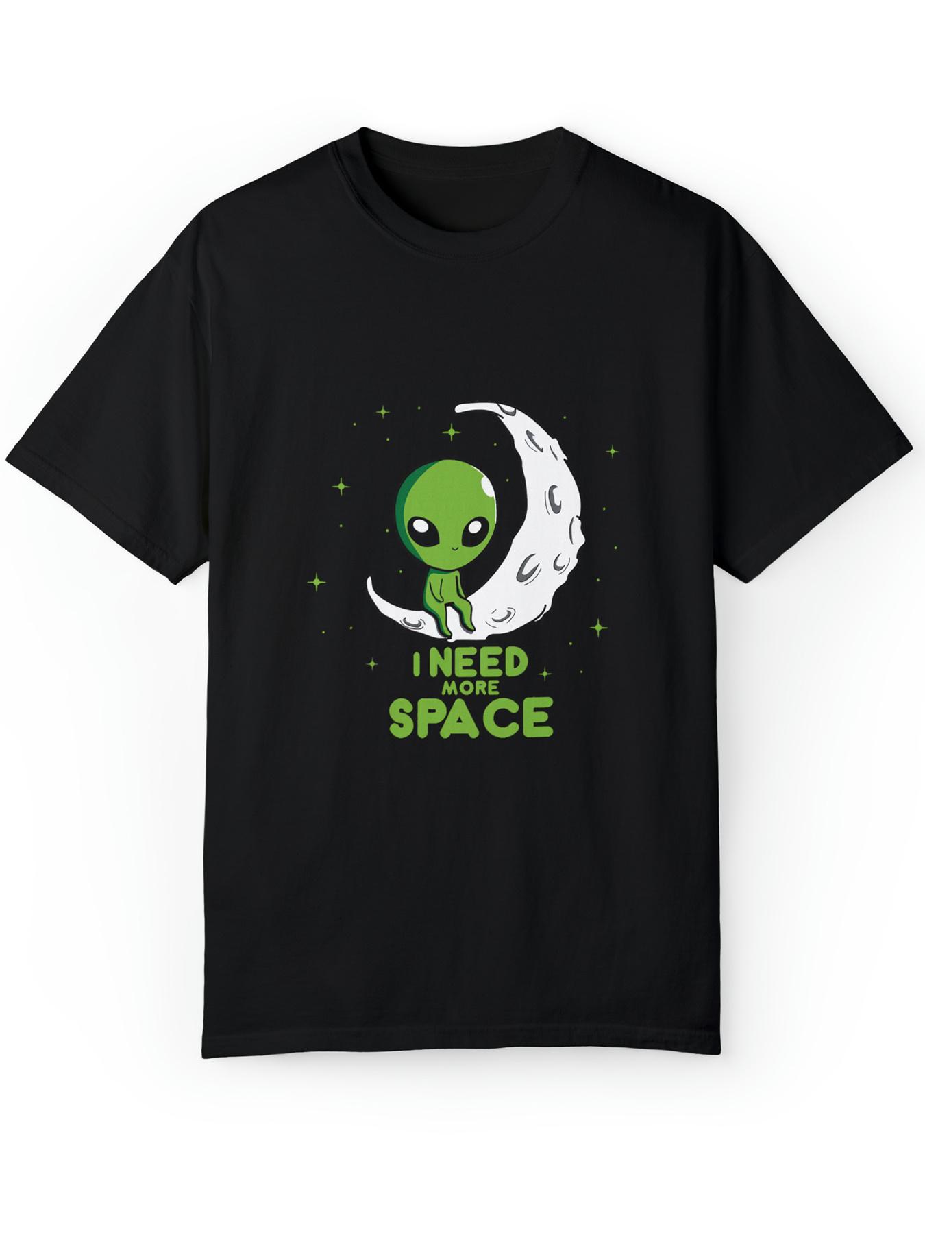 

Unisex s I Need More Space Alien Graphic Cotton T-Shirt - Black Casual Round Neck Tee with Green Moon & Stars Design L