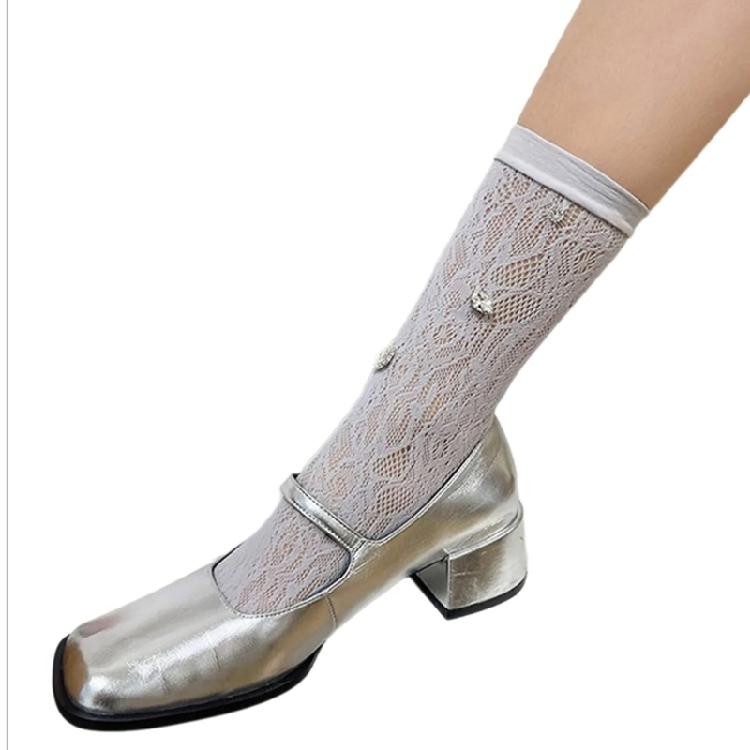 Women Crew Socks Crystal Calf Socks Lace Socks Transparents Meshes Ankle Socks