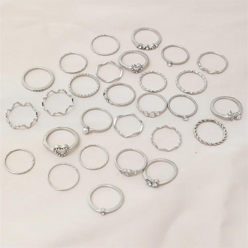 28Pcs Fashion Geometric Knuckle Rings Set For Women Crystal Heart Gold Silver Color Rings Girls  Party Jewelry Accessories