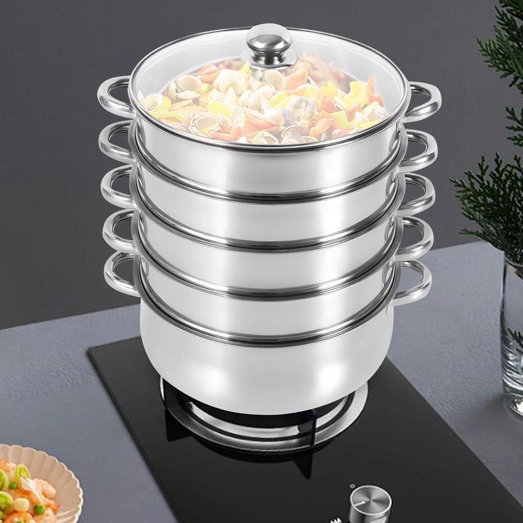 Panela de Cozimento a Vapor de Aço Inoxidável de 5 Camadas - Vaporizador de 11 Polegadas para Cozinhar Alimentos - Tampa de Vidro - Adequado para Tamales, Legumes, Bolinhos e Frutos do Mar